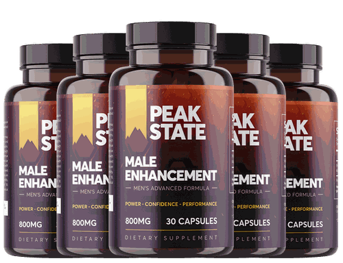 Five bottles of Peak State Male Enhancement Capsules included in the buy three get two free package